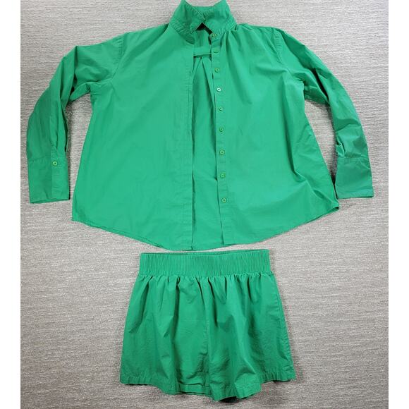 White Fox Short 2 Piece Set Womens S/M Green Button Up Oversized Top Pull On - Picture 1 of 16
